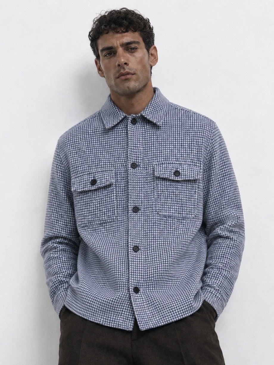 Reiss Men’s Wool Blend Overshirt Blue Houndstooth