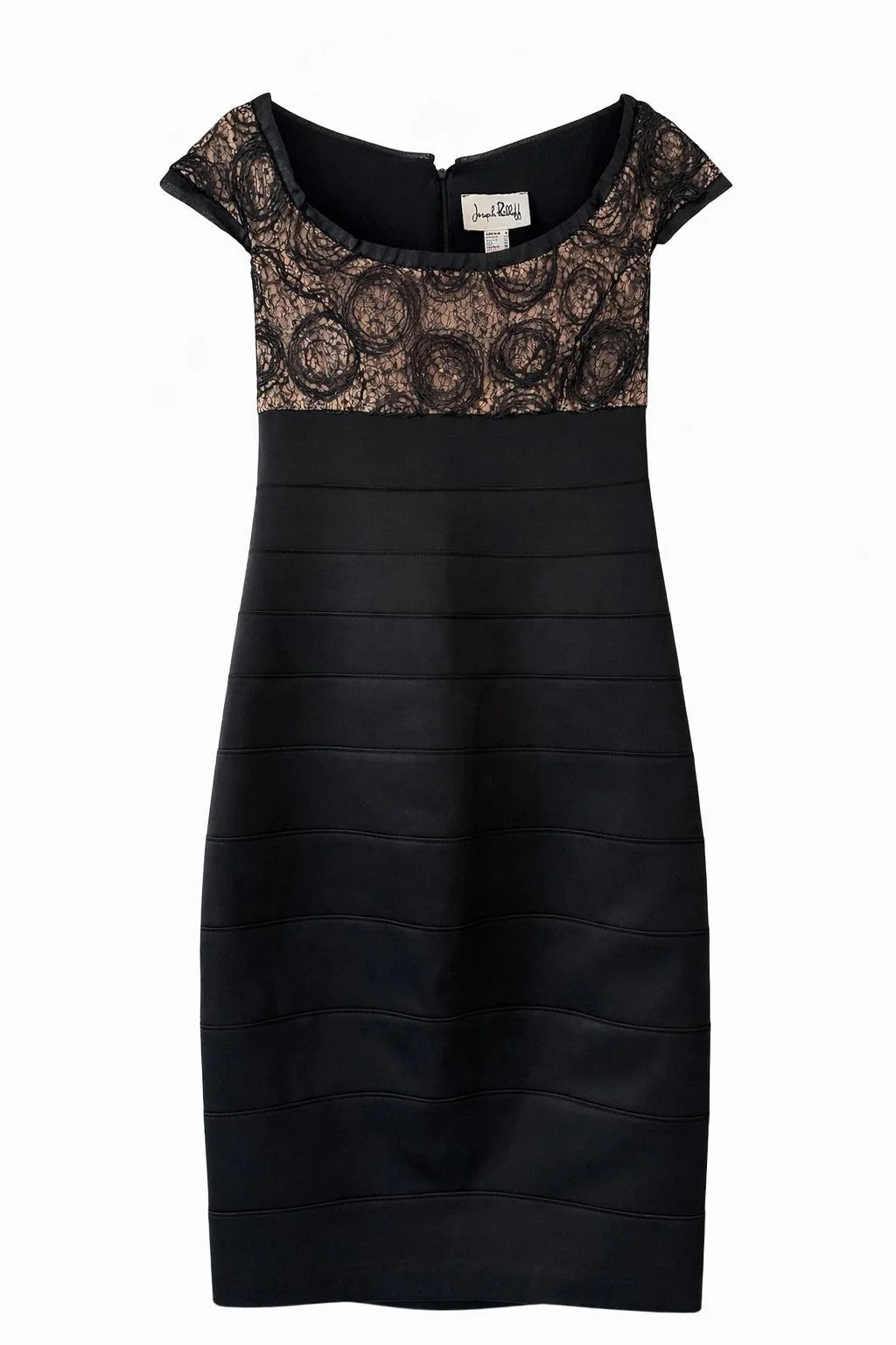 Joseph Ribkoff black bodycon dress with lace bodice and cap sleeves front view on white background