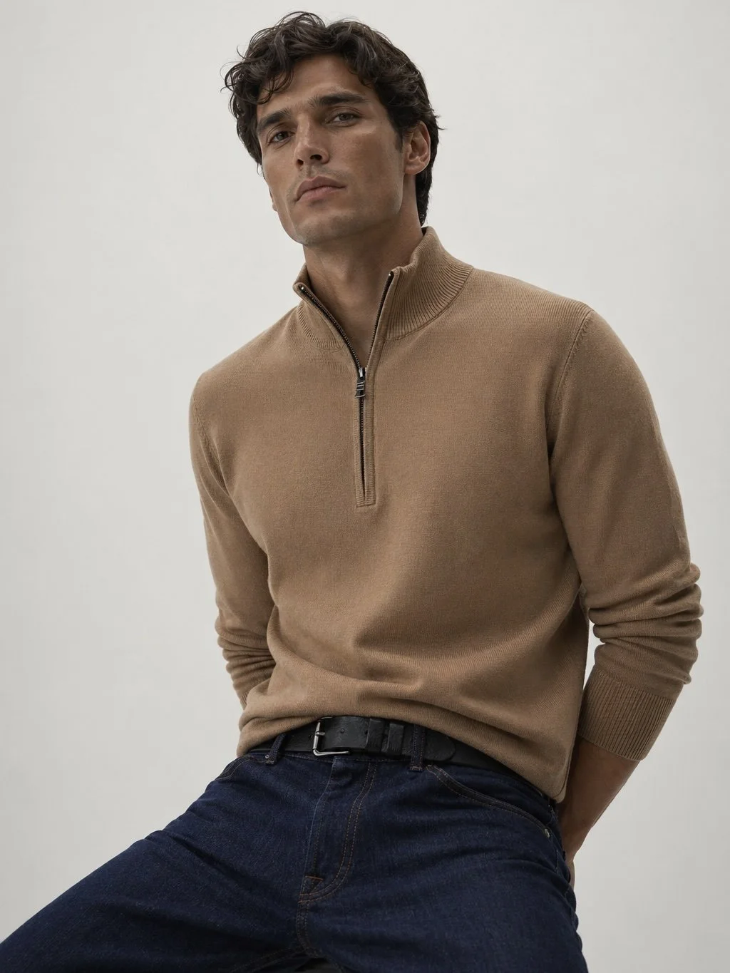 Beige designer knit sweater for men clean smart casual luxury style