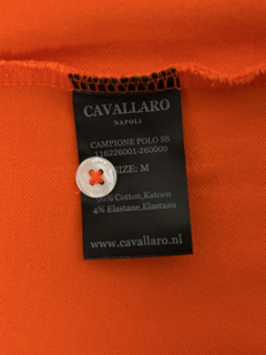 Cavallaro Napoli label tag men’s orange polo shirt cotton fabric detail