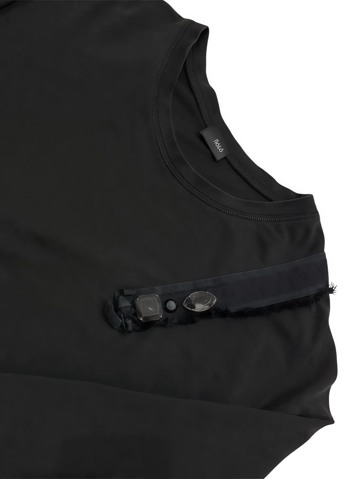 NóLó black oversized dress neckline detail, smooth fabric texture with premium minimalist finish