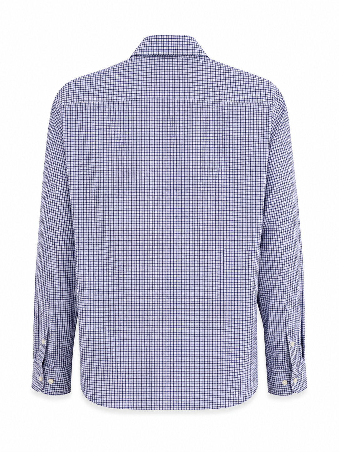 Back view of Massimo Dutti checked men’s shirt in blue and white pattern.