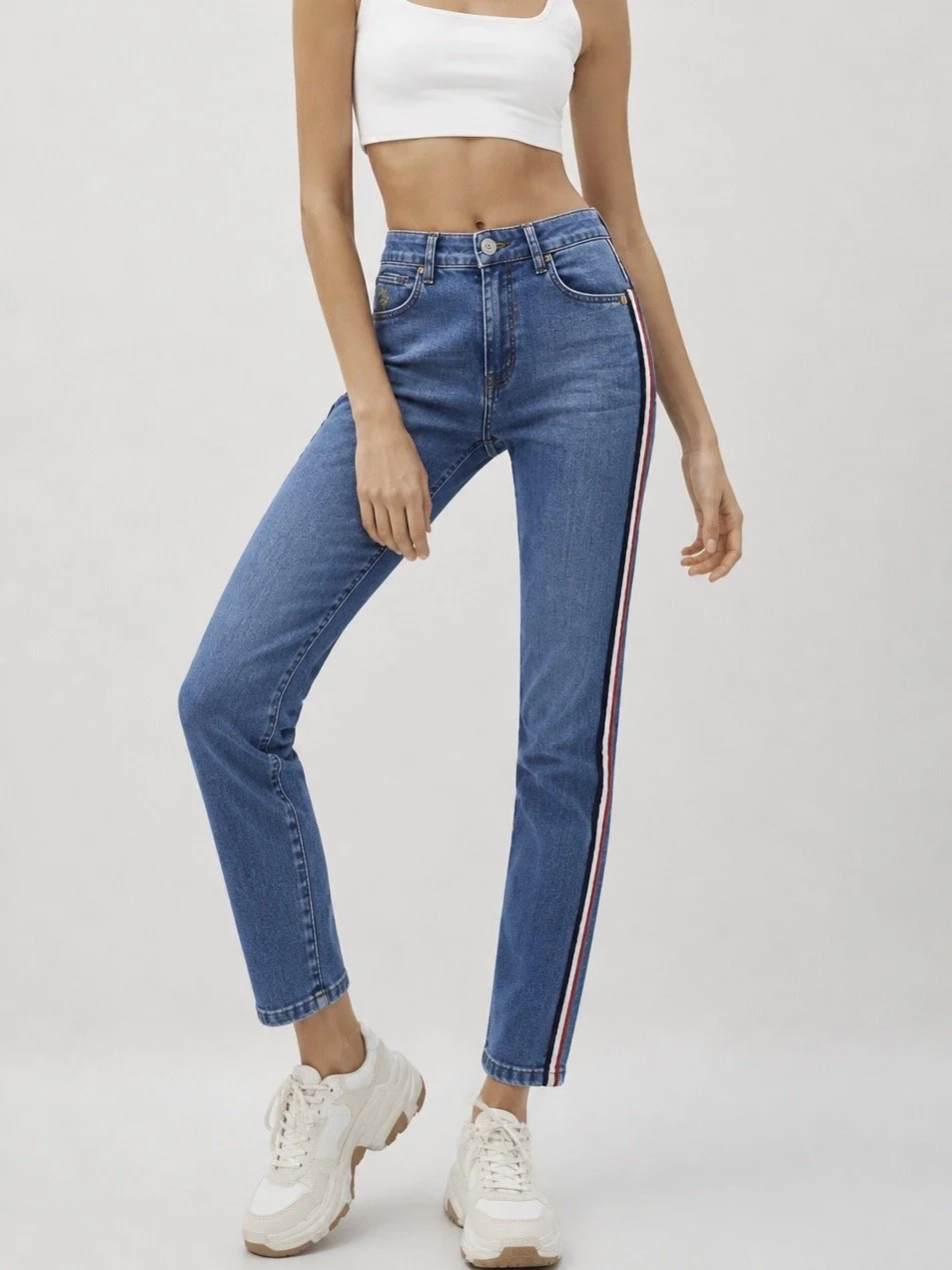 U.S. Polo Assn. boyfriend jeans with red white and navy side stripes in light blue denim