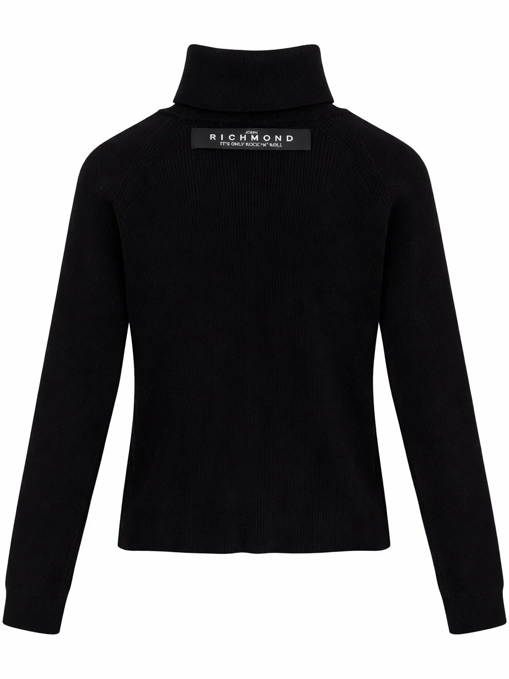 John Richmond black ribbed designer turtleneck sweater back view with logo detail