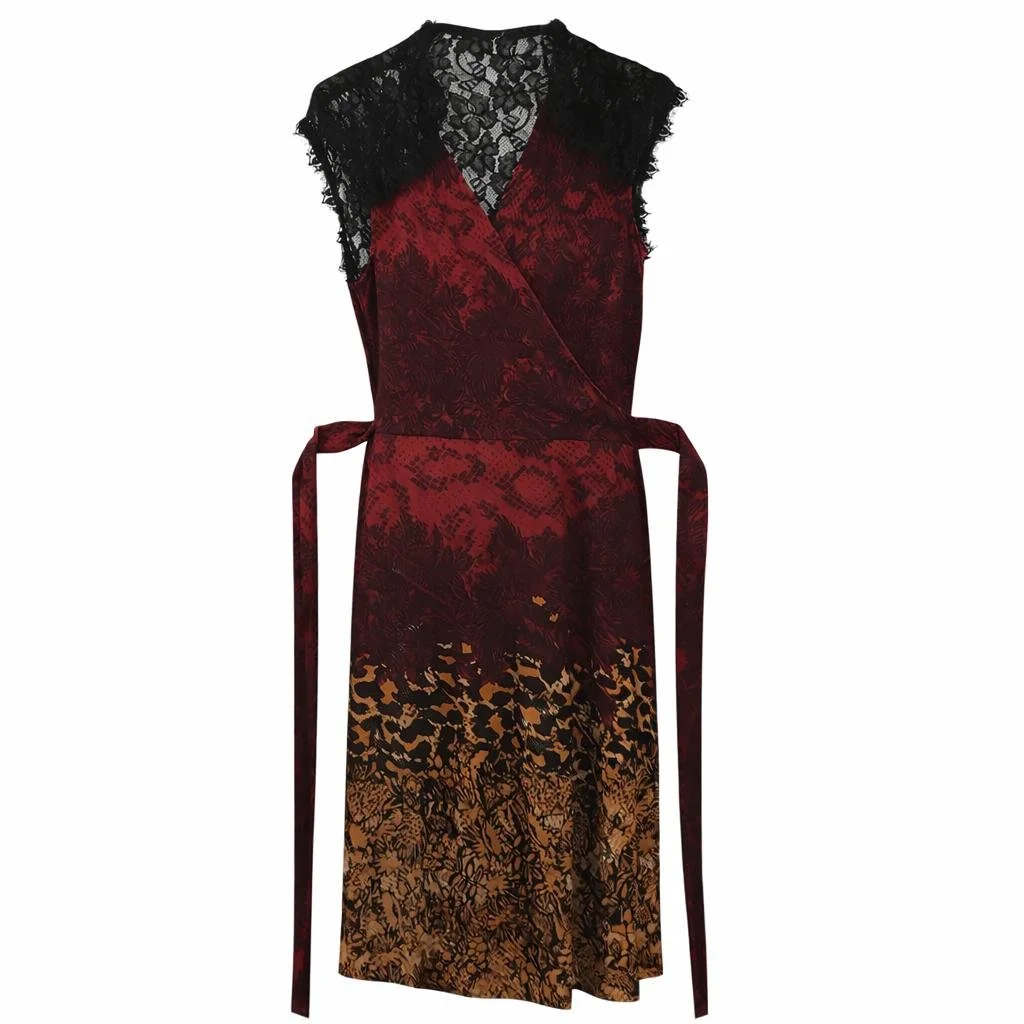 Diane von Furstenberg burgundy wrap dress with lace detail and patterned skirt on white background – pre-loved luxury fashion