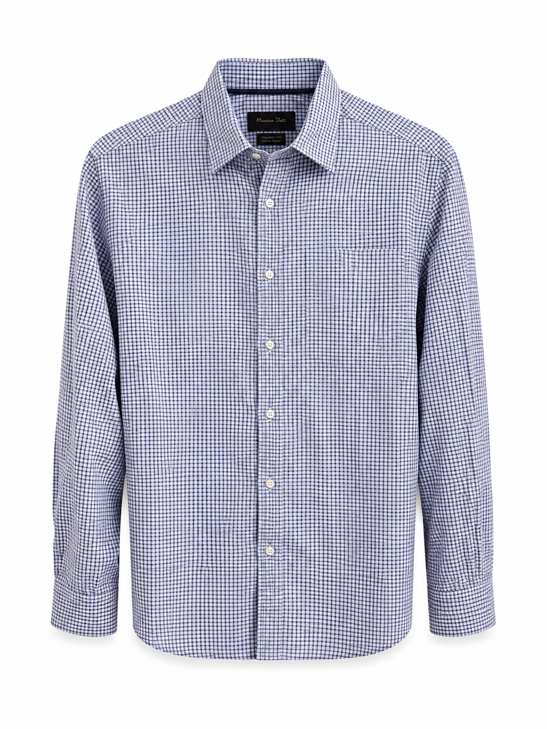 Front view of Massimo Dutti blue and white micro-check men’s shirt with classic collar.