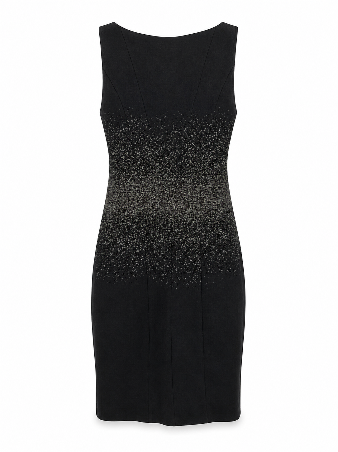 Back view of Patrizia Pepe Firenze sleeveless designer dress featuring a dark fitted silhouette, metallic patterned detailing and structured seams.