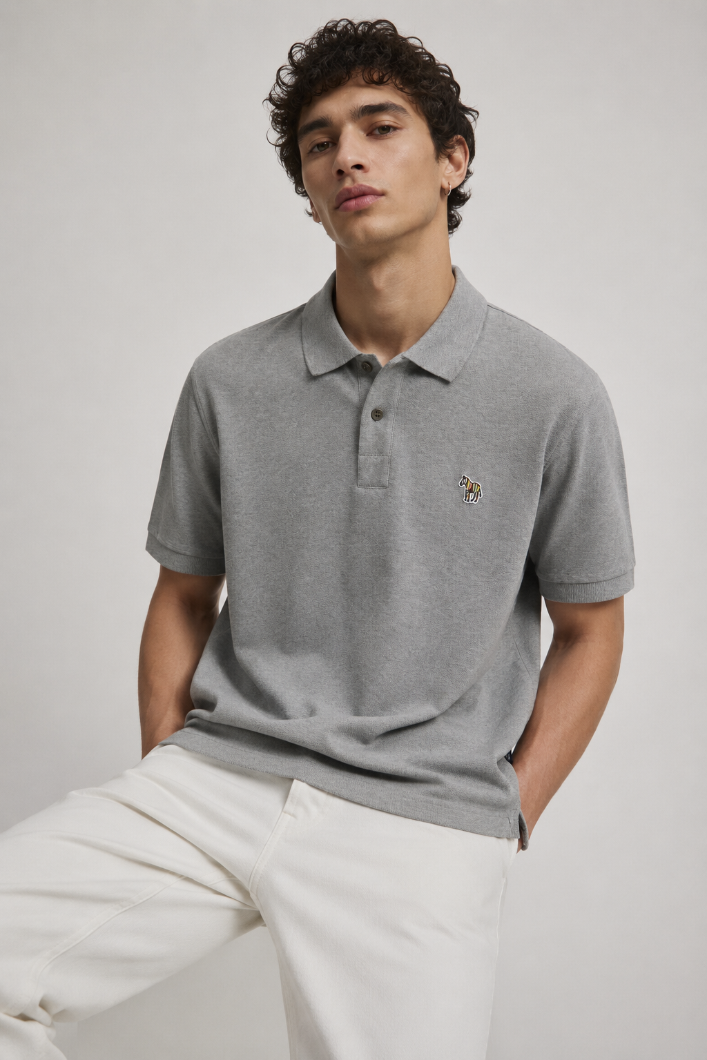 Paul Smith grey cotton polo shirt styled on male model