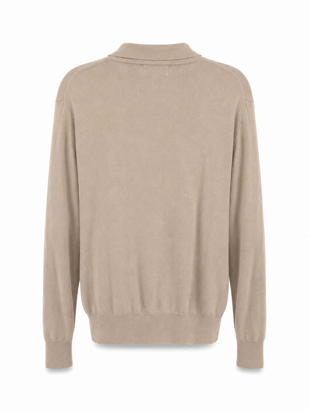 REZA men’s beige knit polo sweater shown from the back highlighting the clean silhouette, premium knit fabric and timeless minimalist style.