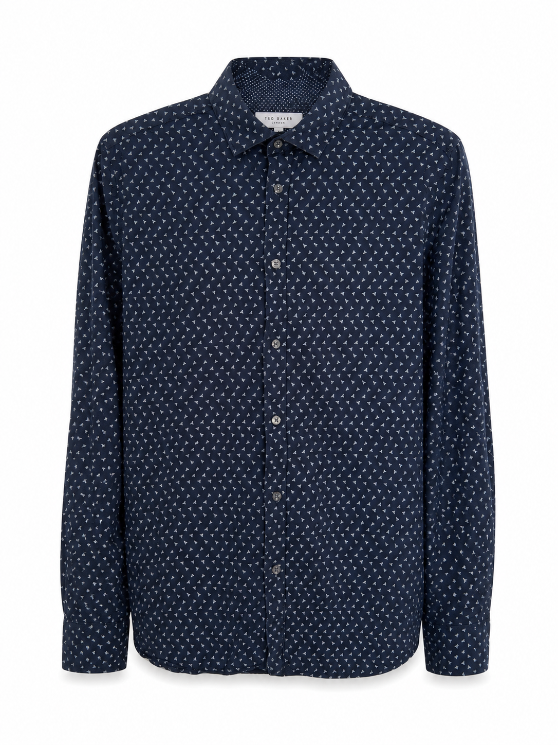 Ted Baker London men’s navy patterned shirt front view with geometric print, long sleeves and tailored smart casual fit.