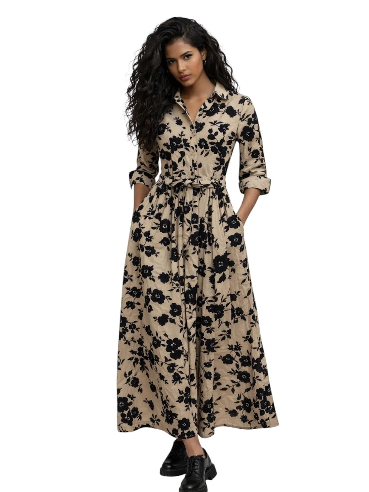 Granat Collection Black Floral Shirt Maxi Dress | Timeless Elegance | Norée