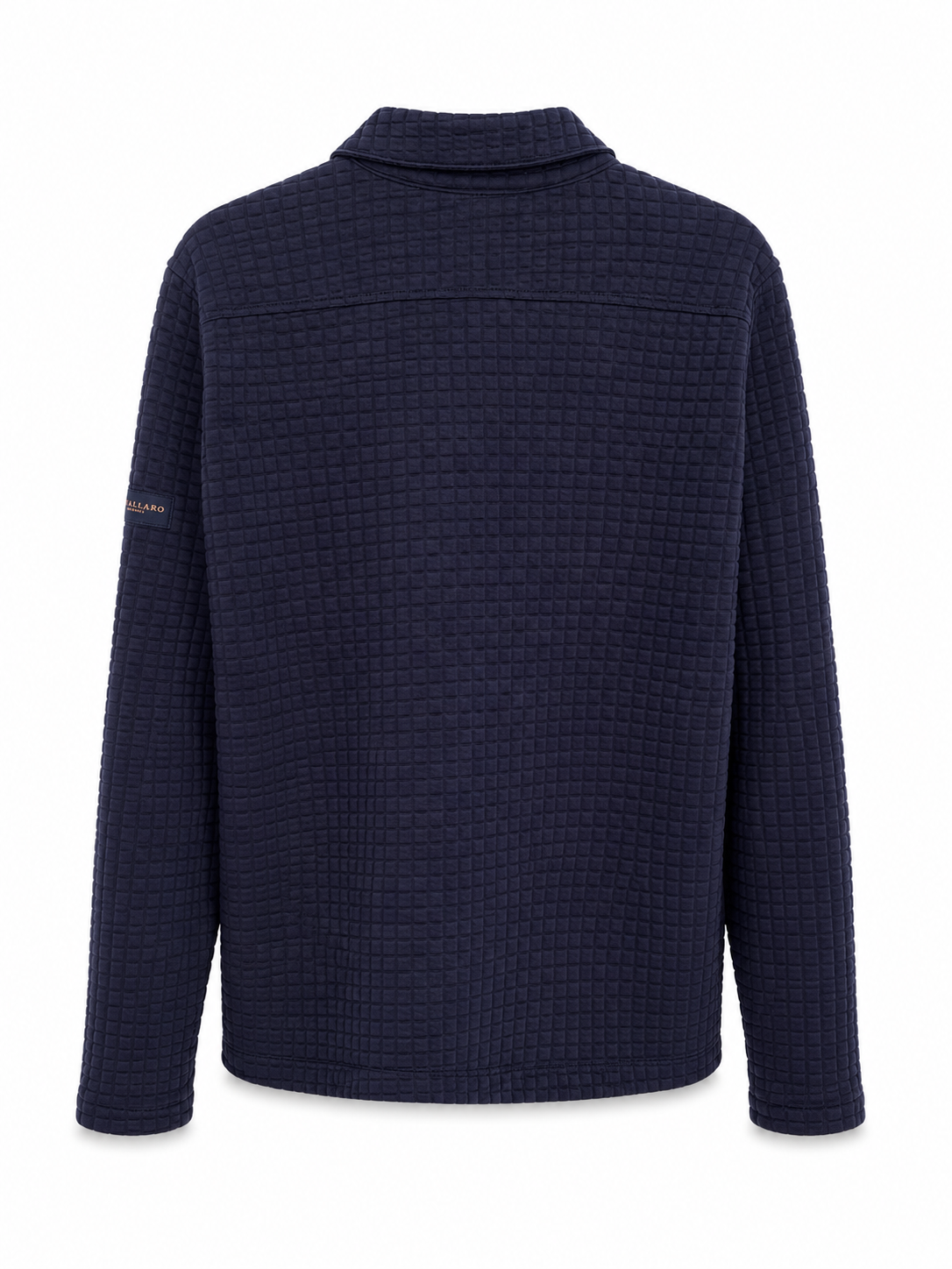 Back view of Cavallaro Napoli navy quilted overshirt showcasing textured fabric and clean minimalist silhouette