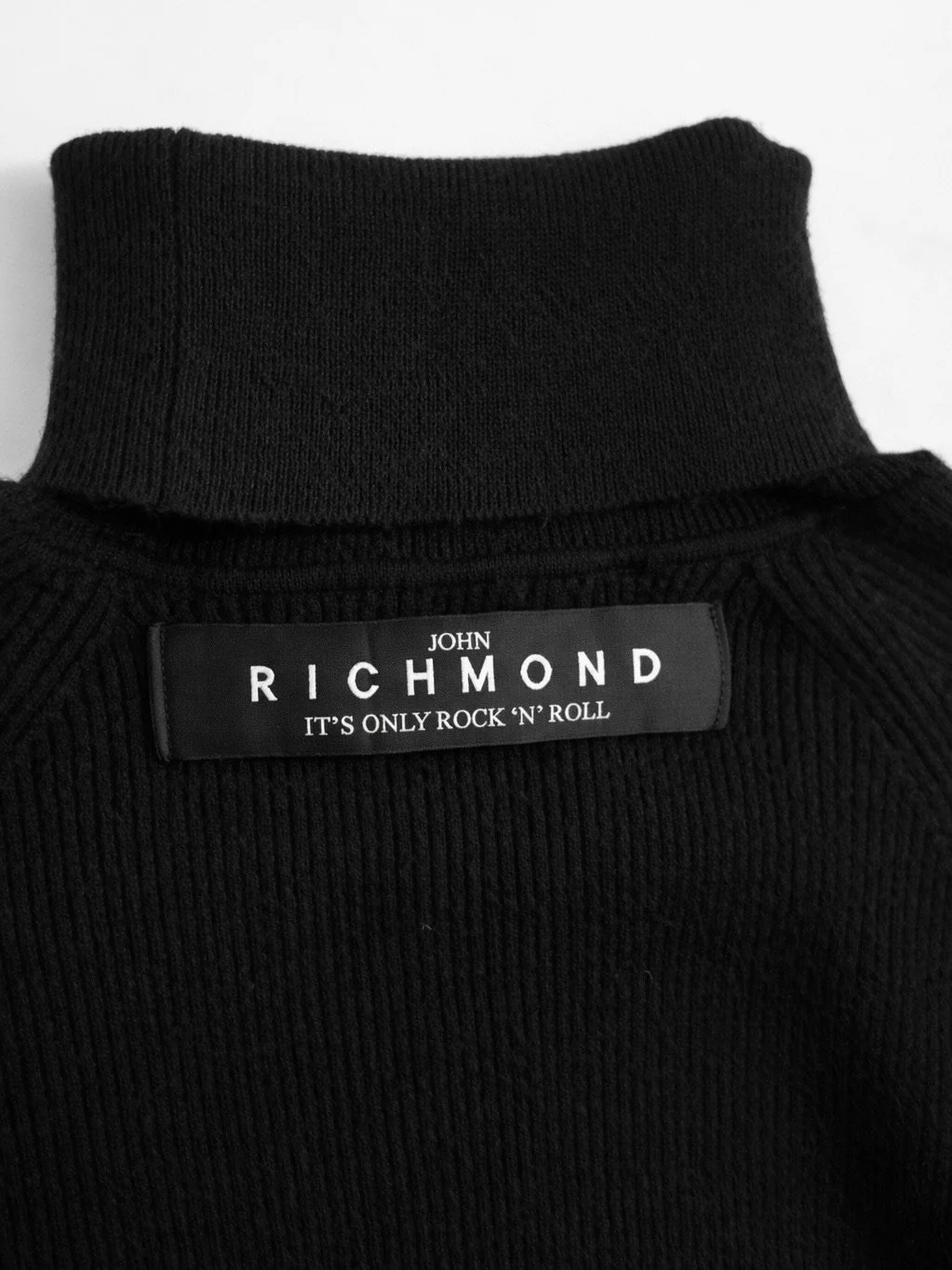 John Richmond black ribbed turtleneck sweater back logo detail close-up