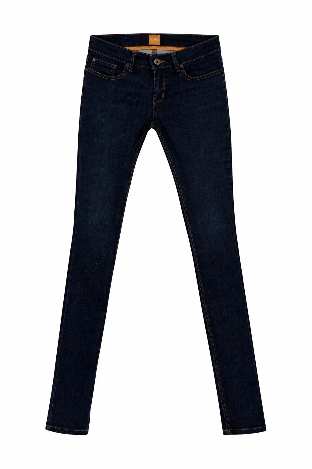 Hugo Boss Orange luxury designer denim jeans front view, slim-fit dark blue jeans, premium pre-owned designer fashion, Virtual Preview Available