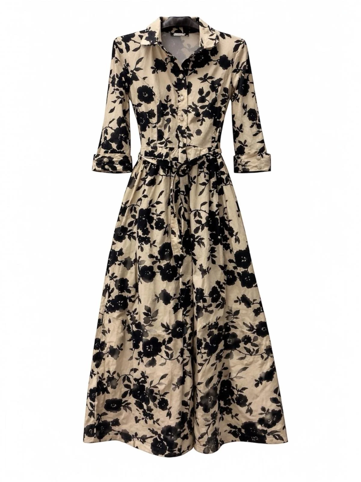 Granat Collection floral shirt dress,front view, flowing maxi silhouette