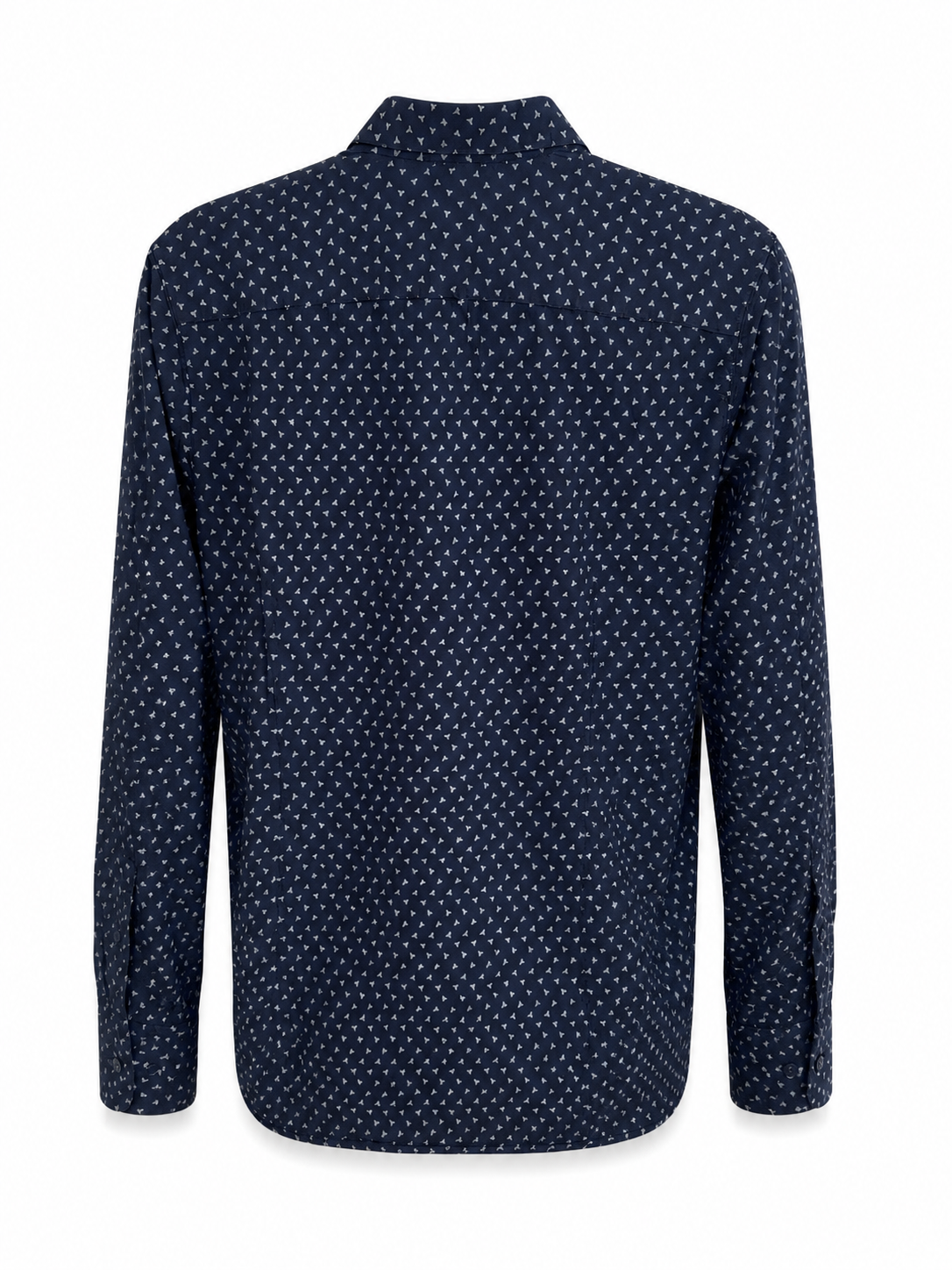 Ted Baker London men’s navy geometric print shirt back view showing all-over pattern and long sleeve construction.