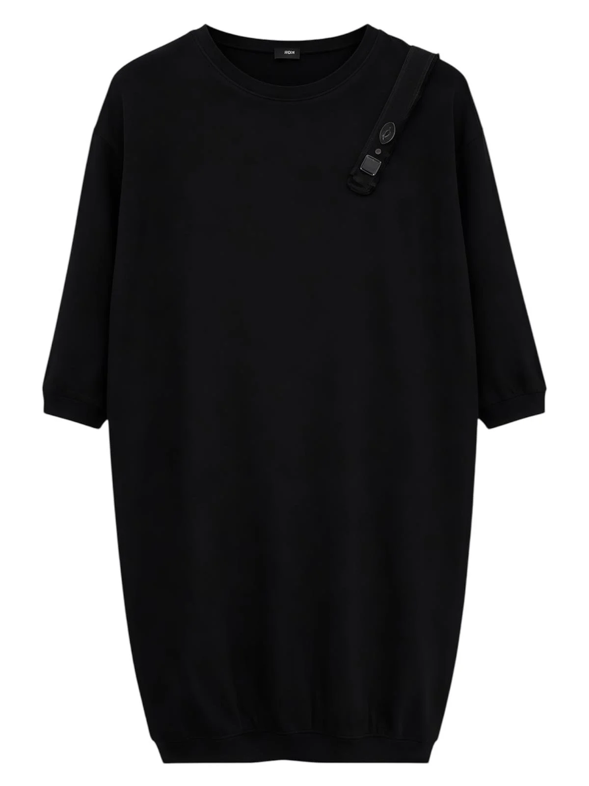 NóLó black oversized dress front view, clean minimal design with relaxed fit and soft drape