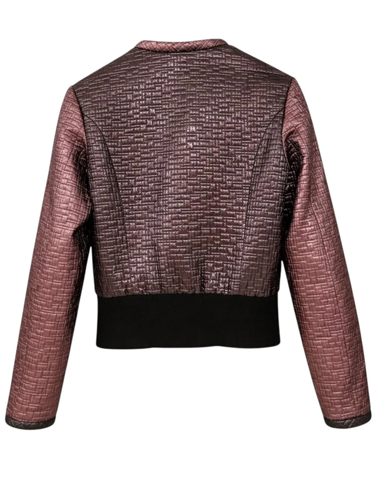 PINKO cropped quilted jacket back view with textured fabric and ribbed hem