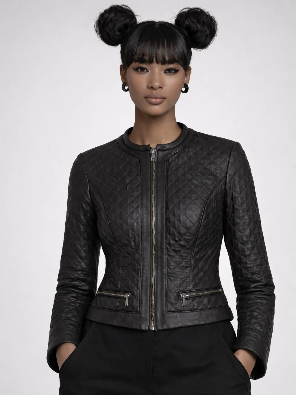 Intuition Paris black quilted leather jacket on female model tailored fit minimalist luxury style