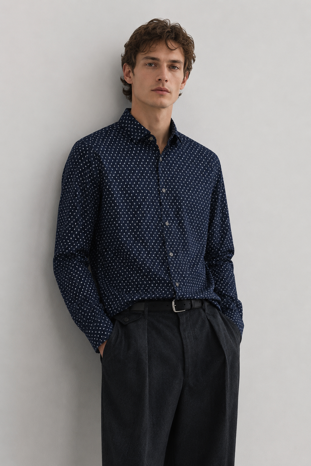 Ted Baker London men’s navy cotton shirt with white geometric micro print, long sleeves, button front and smart casual design.