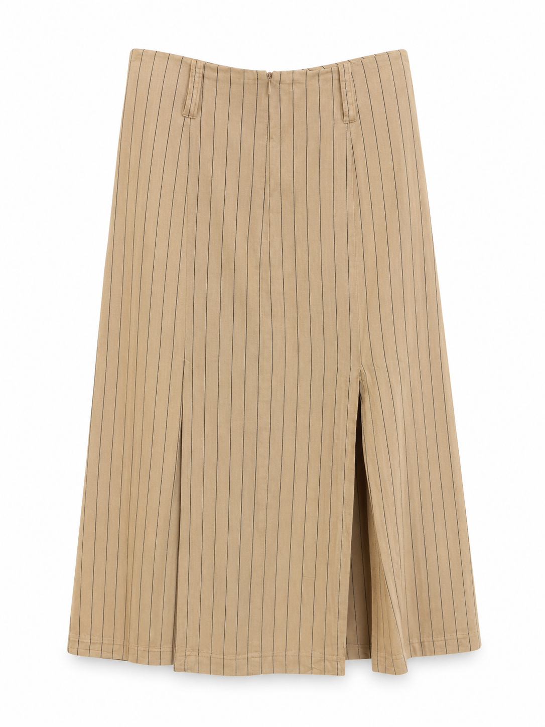 Maje beige pinstripe midi skirt back view with rear slits
