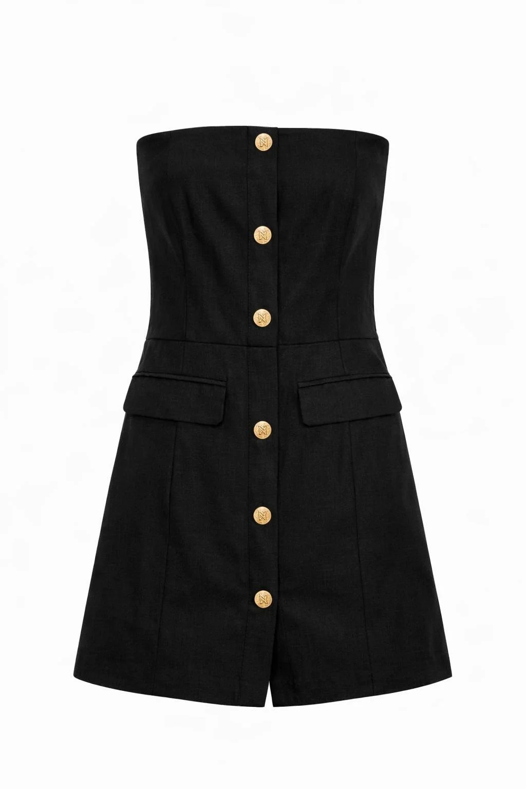 NIKKIE black strapless shorts jumpsuit front view with gold button detailing and structured fit – luxury pre-owned by Norée. Virtual Preview Available