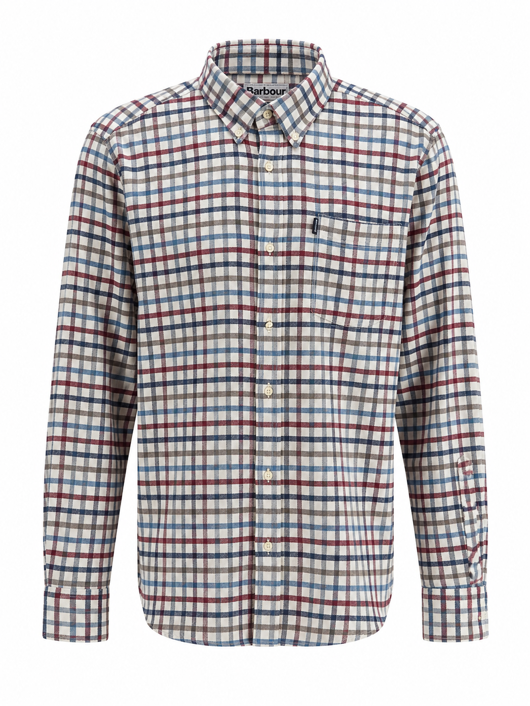 Front view of Barbour men’s premium checked cotton shirt in beige, blue and burgundy with button-down collar and chest pocket