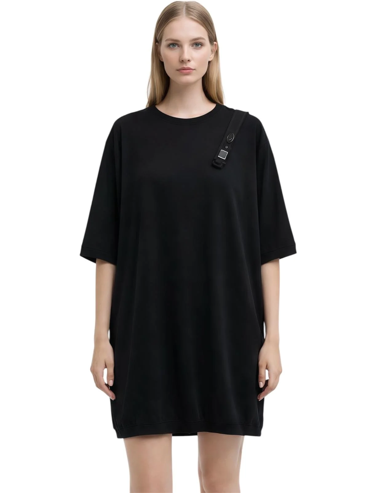 Black NóLó oversized dress worn by model, relaxed baggy silhouette with minimalist luxury design