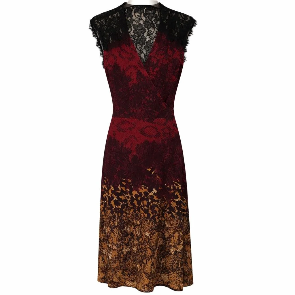 Diane von Furstenberg wrap dress back view featuring lace panel and tie waist in burgundy tones on white background – pre-loved luxury