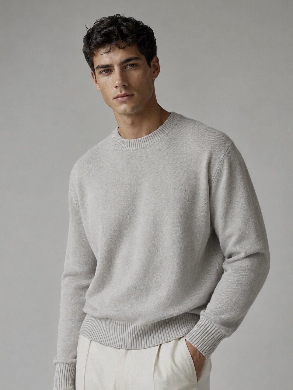 Massimo Dutti men’s ice green fine knit sweater styled with light trousers, minimalist smart casual look.
