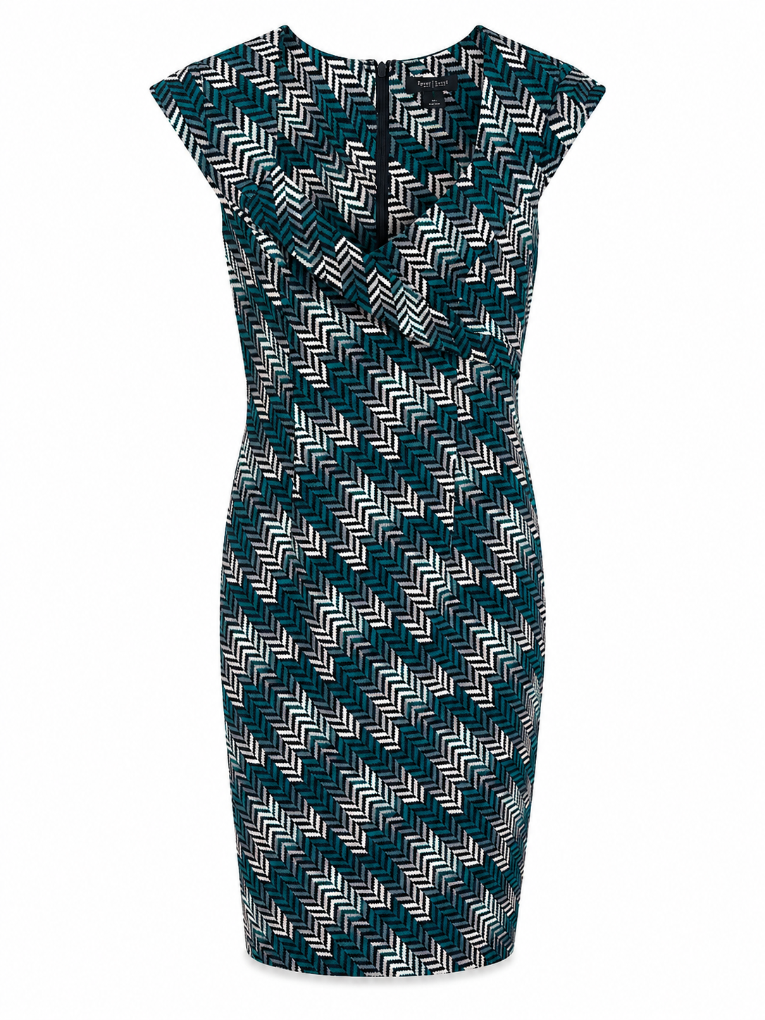 White House Black Market green black white geometric sheath dress front view