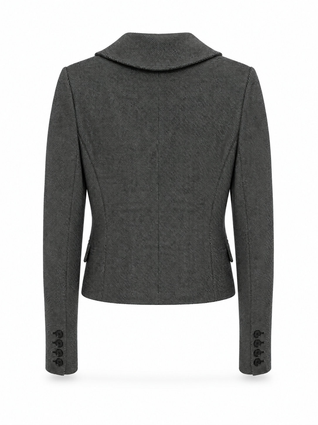 Back view of Patrizia Pepe Firenze grey tailored blazer featuring a fitted silhouette, textured woven fabric, structured shoulders and four-button cuffs.