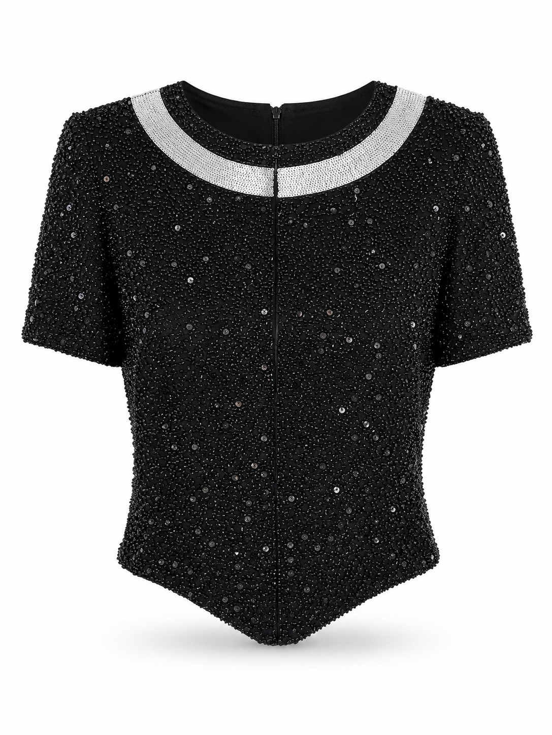Back view of Frank Usher black embellished silk top with zip closure