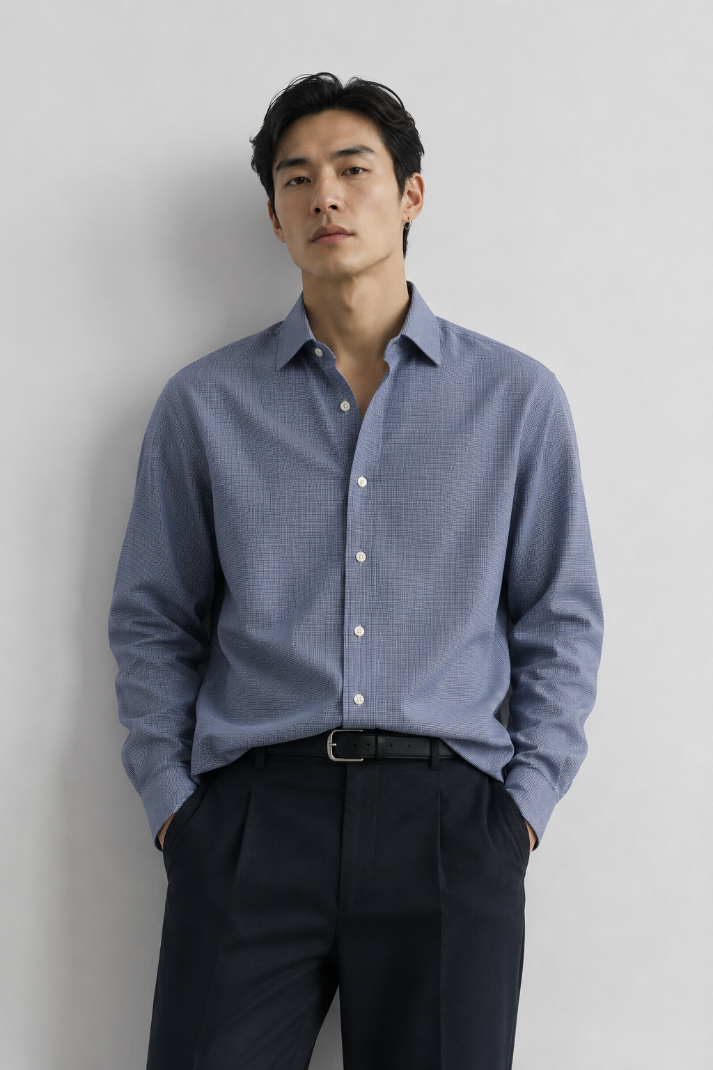 Massimo Dutti blue micro-check button-up shirt premium men’s smart casual wardrobe essential