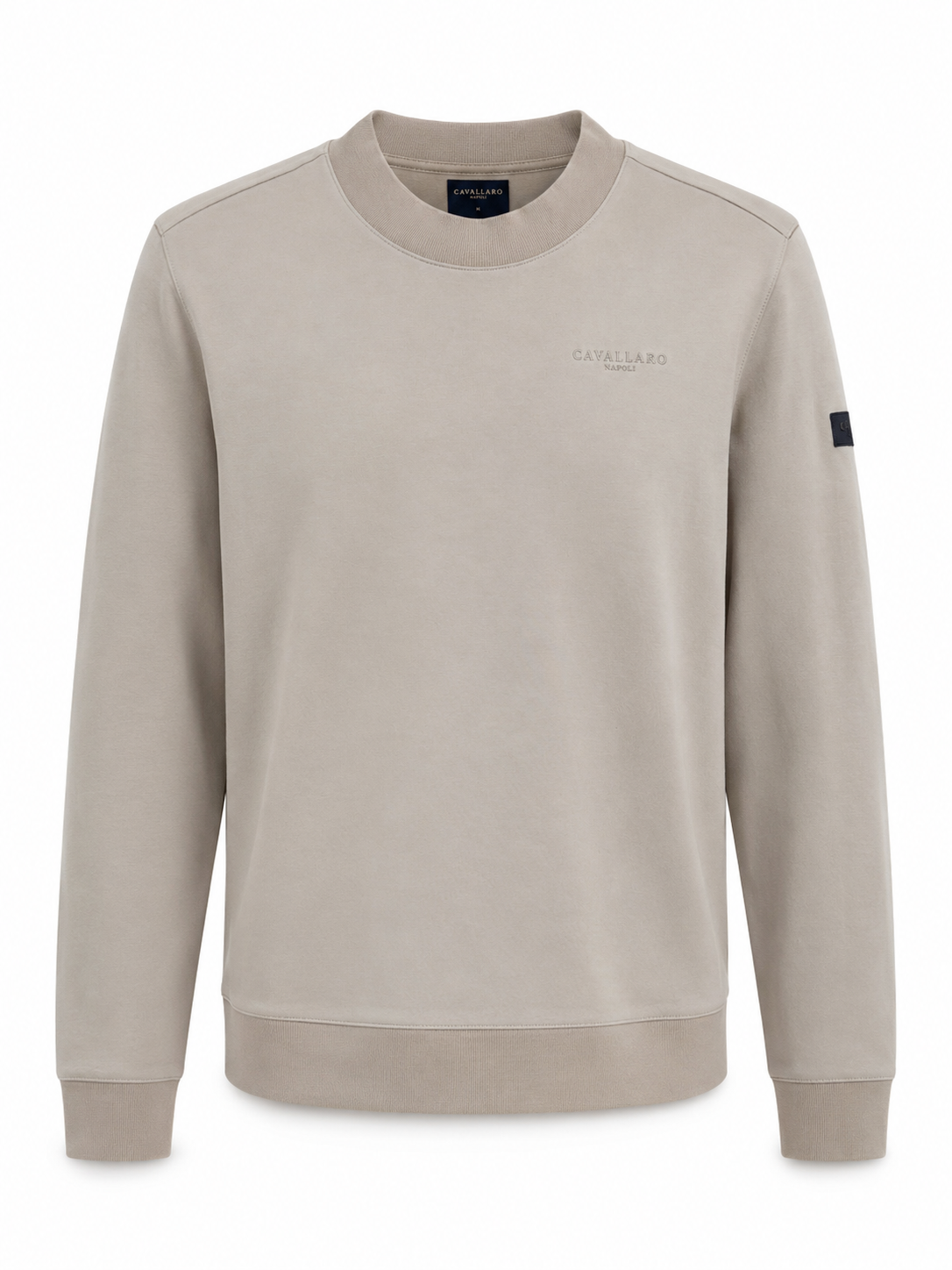 Cavallaro Napoli men’s cream beige crew neck sweatshirt with embroidered chest logo, long sleeves and clean minimalist design.