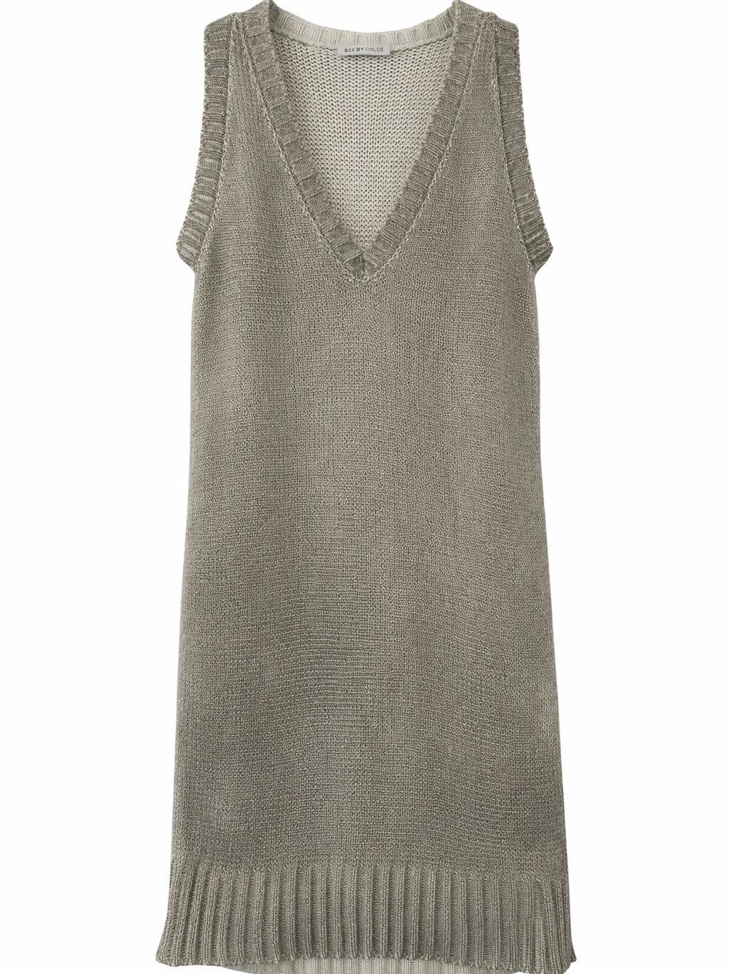 See by Chloé beige metallic long knit vest front view with deep V-neck and minimalist luxury silhouette women’s designer knitwear
