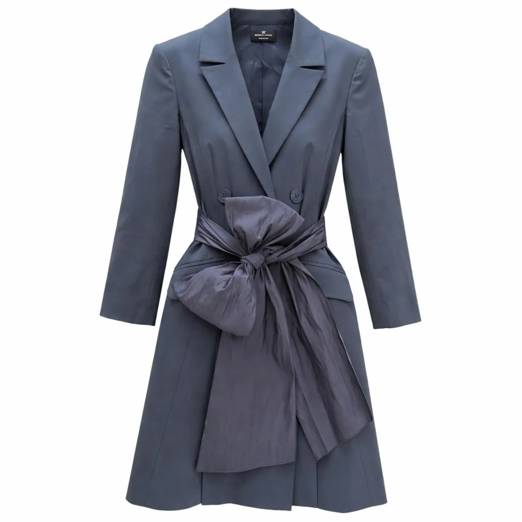 Elisabetta Franchi blue double-breasted blazer dress with waist tie on white background – pre-loved luxury fashion.