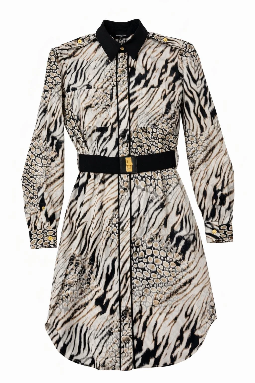 Merciano by Guess animal print belted shirt dress front view studio image