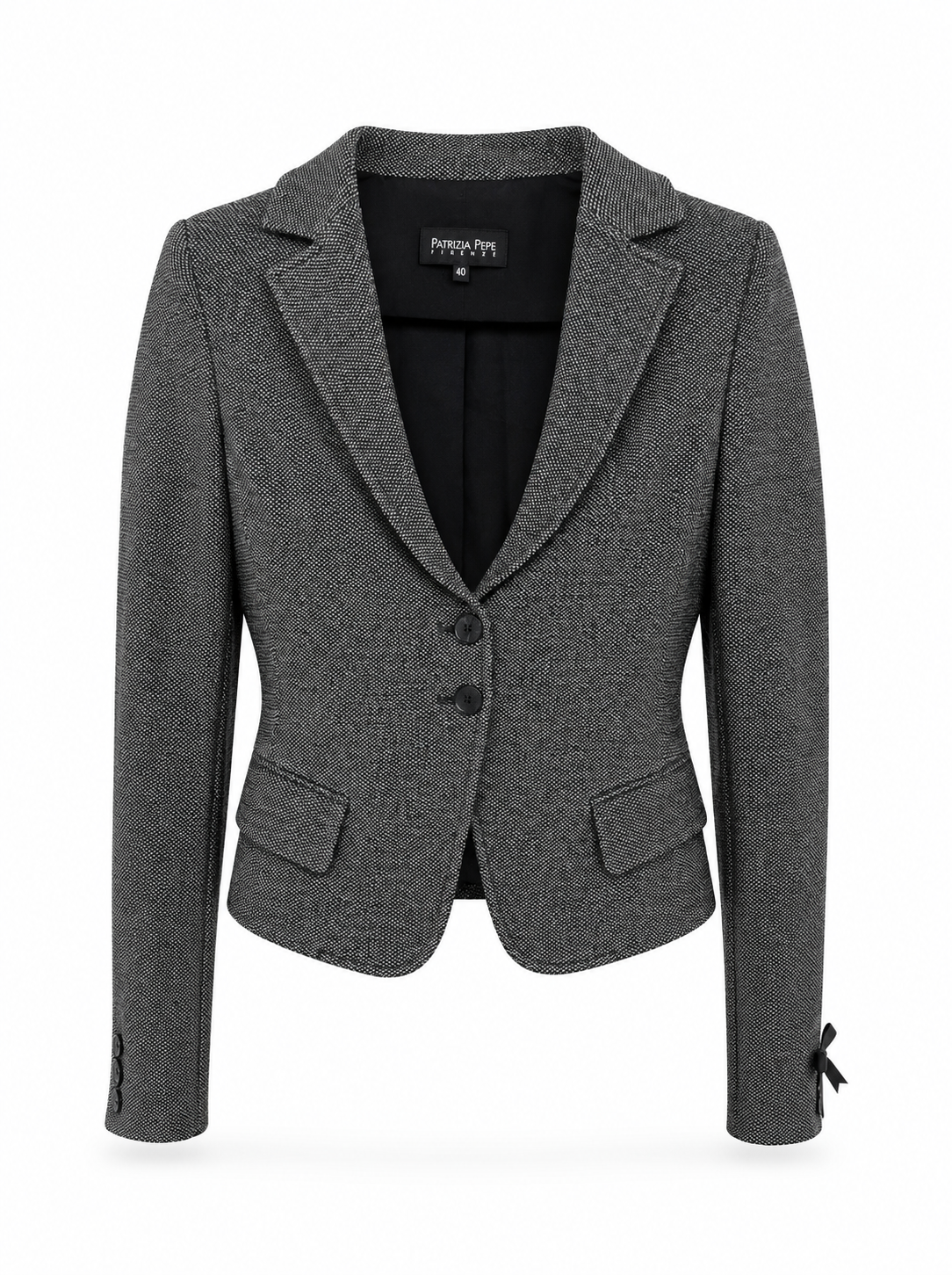 Patrizia Pepe Firenze grey textured women’s designer blazer with tailored waist, notched lapels, two-button fastening and flap pockets, size IT 40