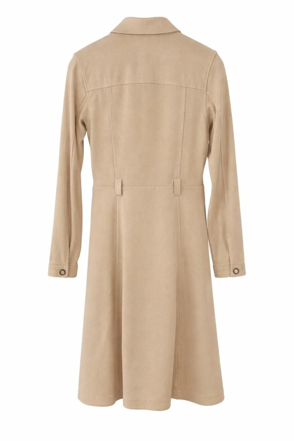 Guess Los Angeles beige midi shirt dress back view, long sleeves, structured A-line silhouette and tailored seams, elegant neutral women’s dress – Norée premium resale