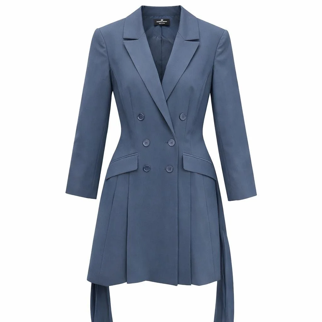 Elisabetta Franchi blue double-breasted blazer dress with structured tailoring, front view on white background – pre-loved luxury fashion curated by Norée Thrift de Lux.