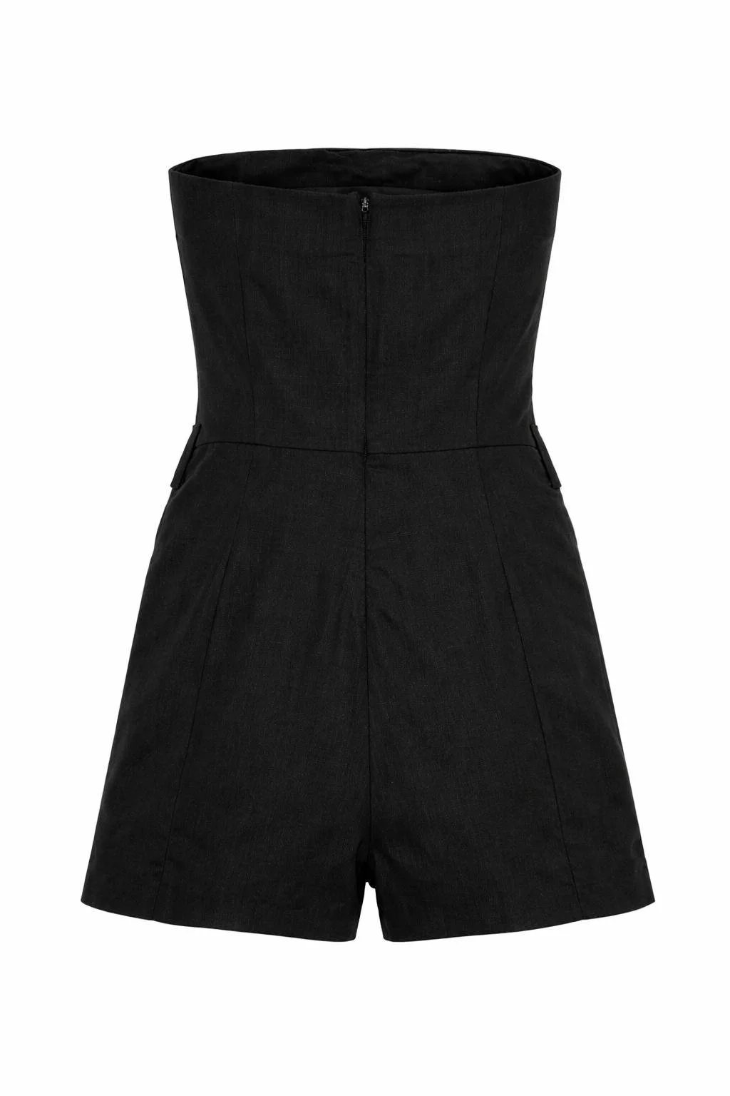 Back view of black strapless NIKKIE shorts jumpsuit with clean tailoring and concealed zipper – premium resale Norée. Virtual Preview Available