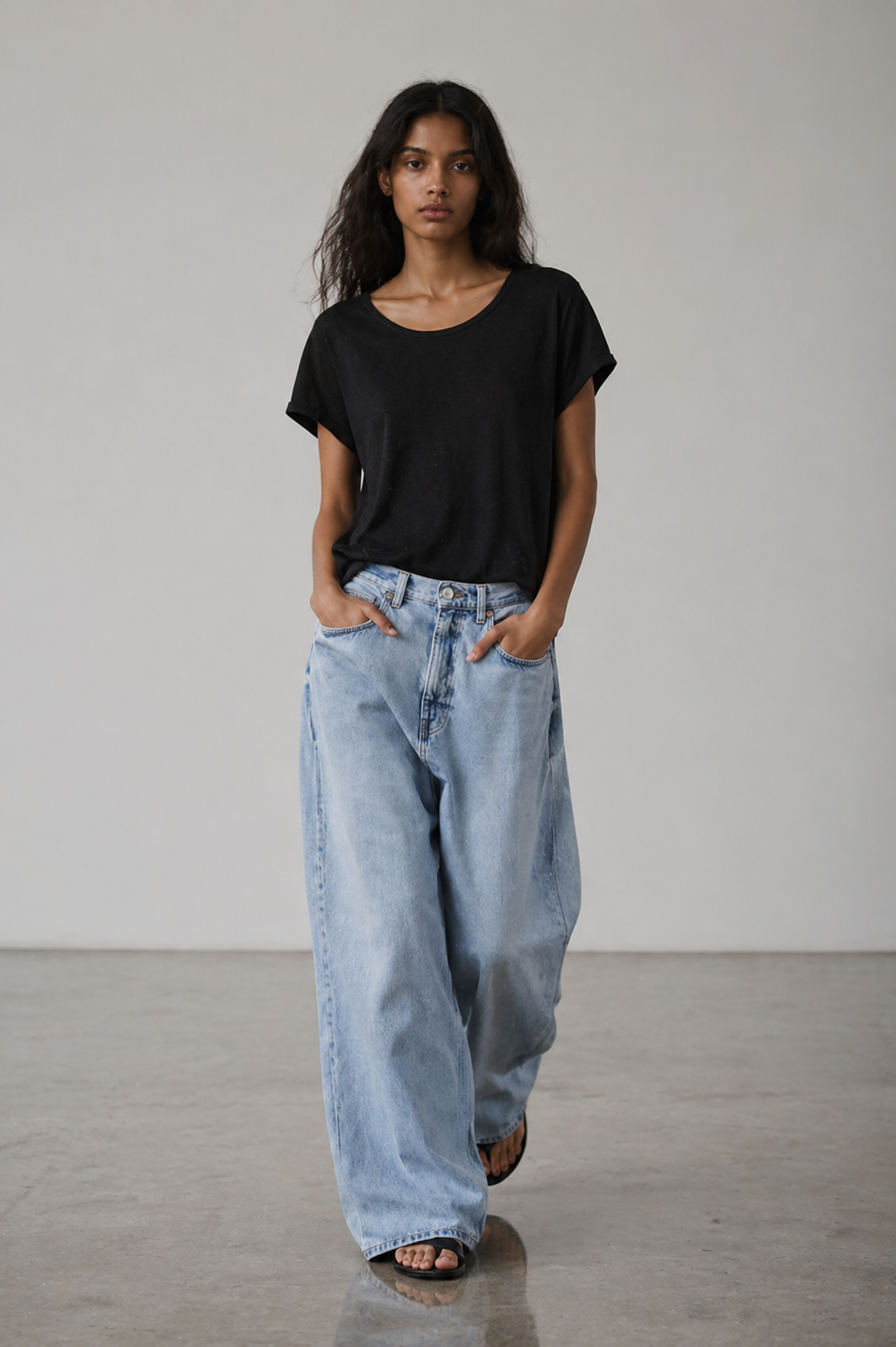MOS MOSH black minimalist t-shirt styled with light blue wide leg jeans