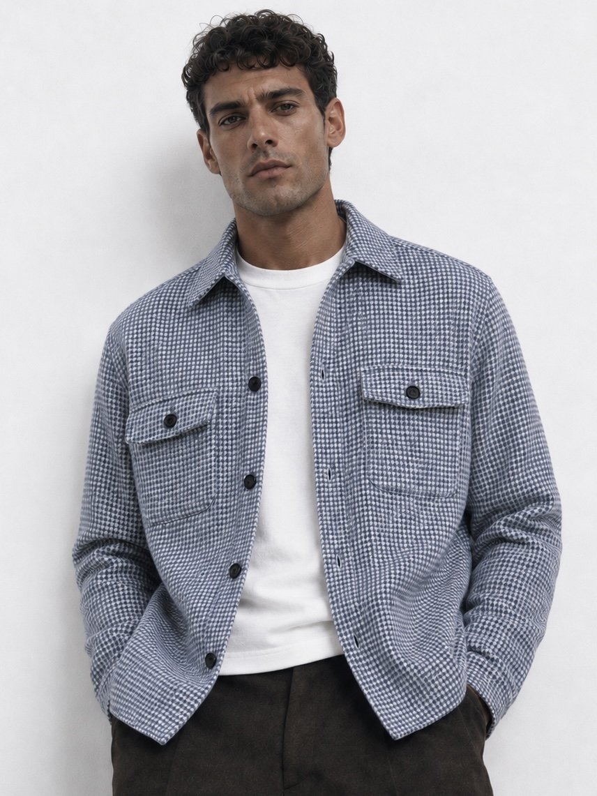 Men’s Reiss wool blend overshirt in blue houndstooth pattern styled open over a white T-shirt for a modern smart casual look.