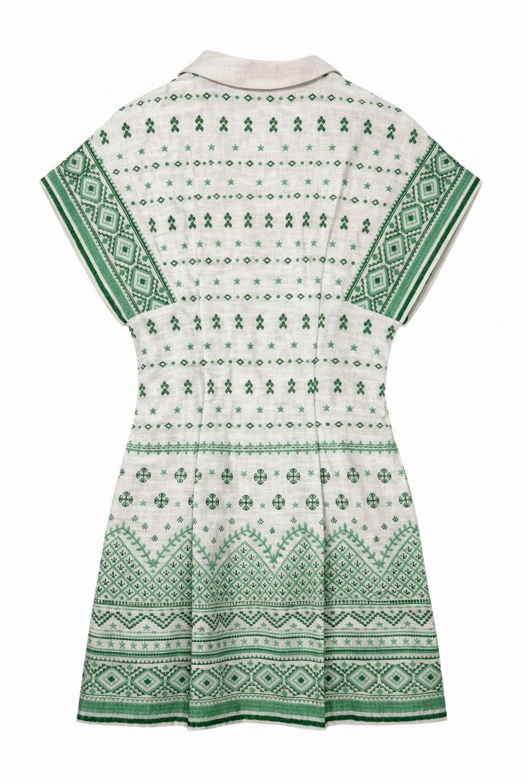 Maje white and green patterned ramie mini dress back view with structured waist and short sleeves