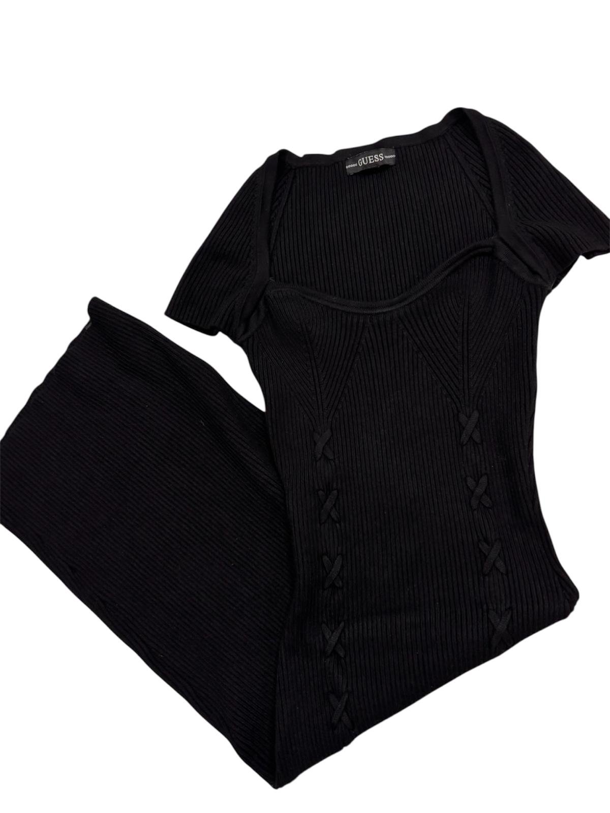 Guess black ribbed dress flat lay, pre-owned designer midi dress with body-hugging fit