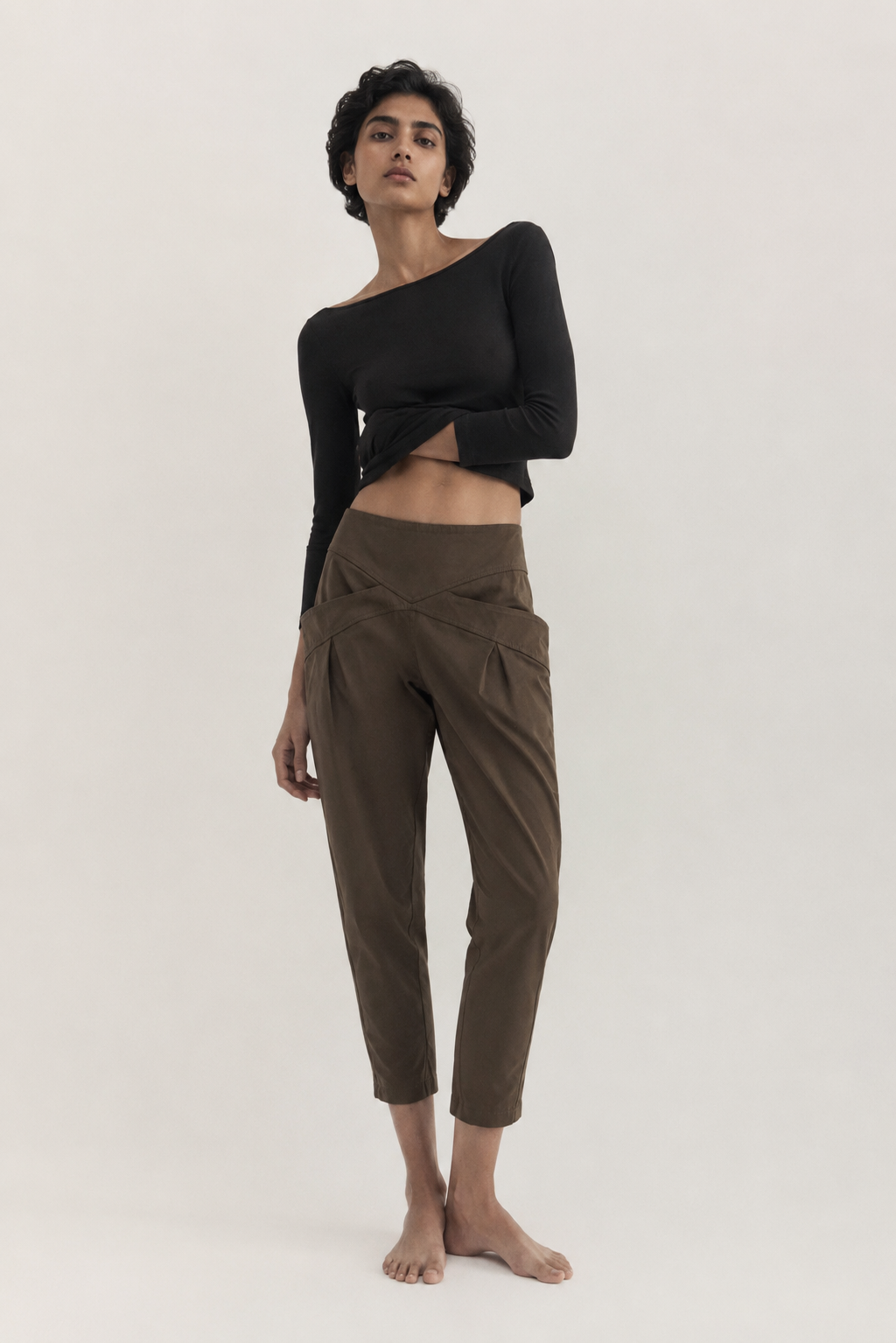 Rinascimento olive tapered trousers with sculptural waistband
