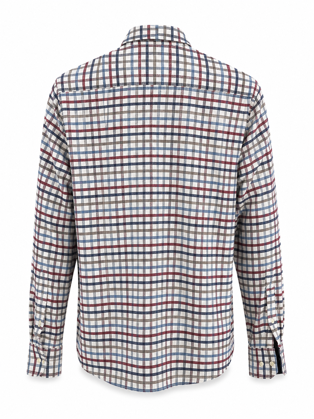 Back view of Barbour men’s premium checked cotton shirt in beige, blue and burgundy check pattern.