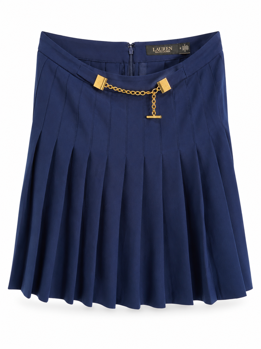 Lauren Ralph Lauren navy pleated skirt with signature gold-tone chain detail