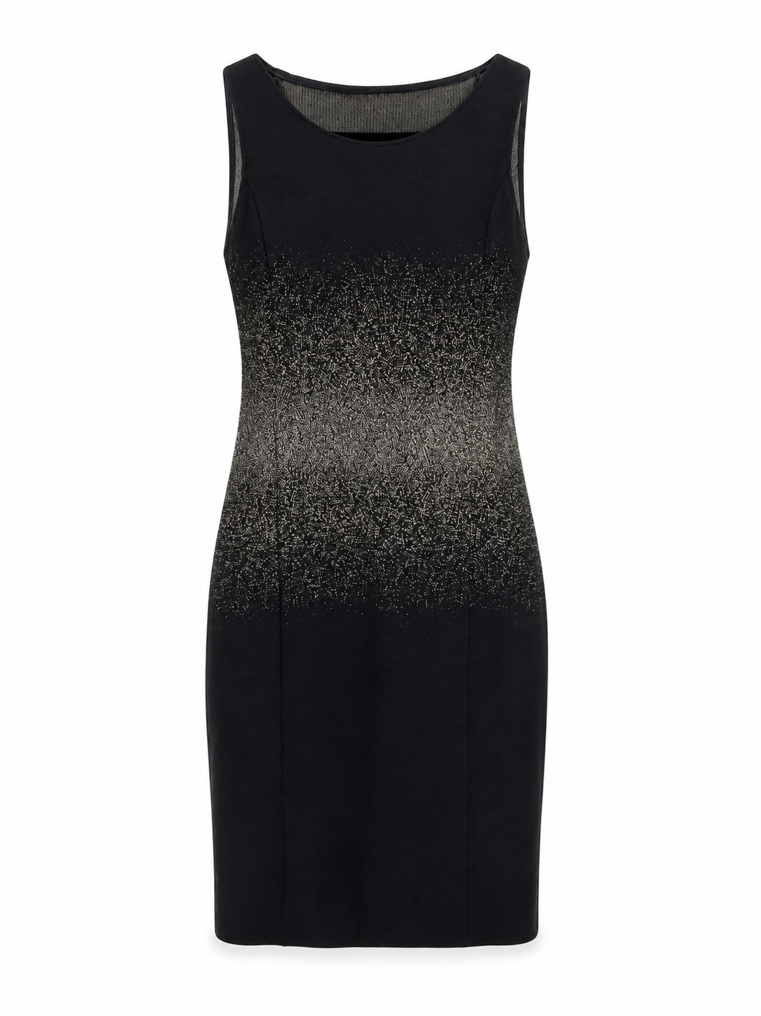 Patrizia Pepe Firenze dark sleeveless fitted dress with a round neckline, intricate metallic pattern and knee-length pencil silhouette.